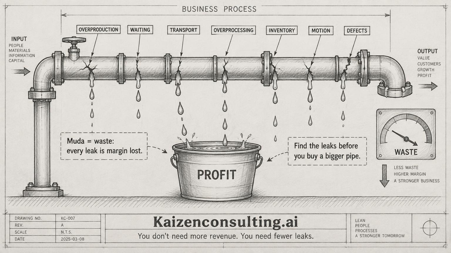 Pencil sketch of the seven lean wastes as leaks in a business process pipe dripping into a profit bucket
