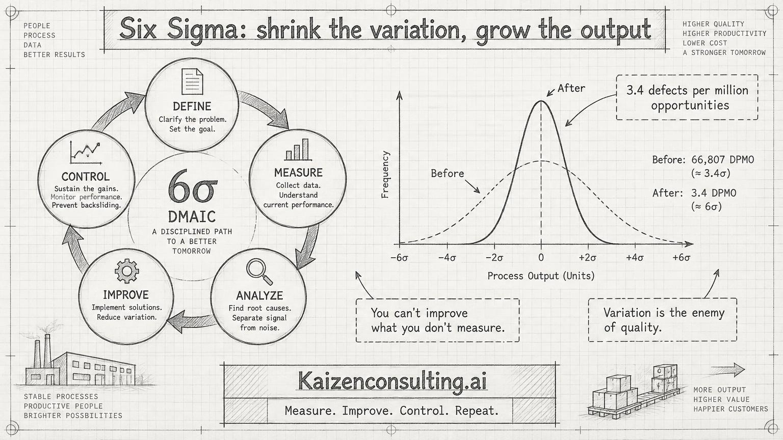 Pencil sketch of the Six Sigma DMAIC cycle with a narrowing variation bell curve