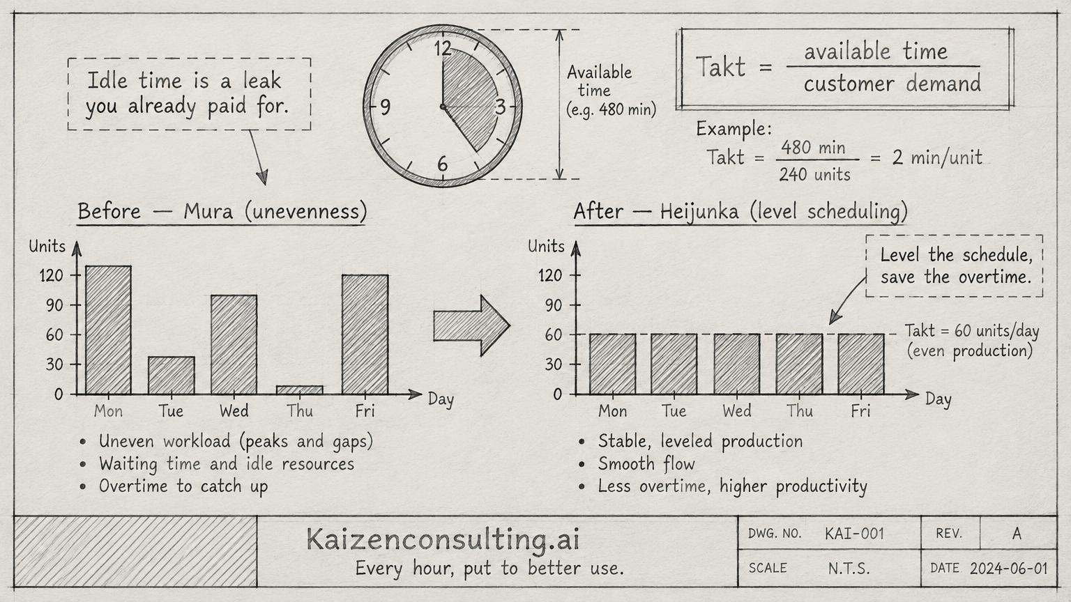 Pencil sketch of takt time and heijunka level scheduling with before and after workload charts
